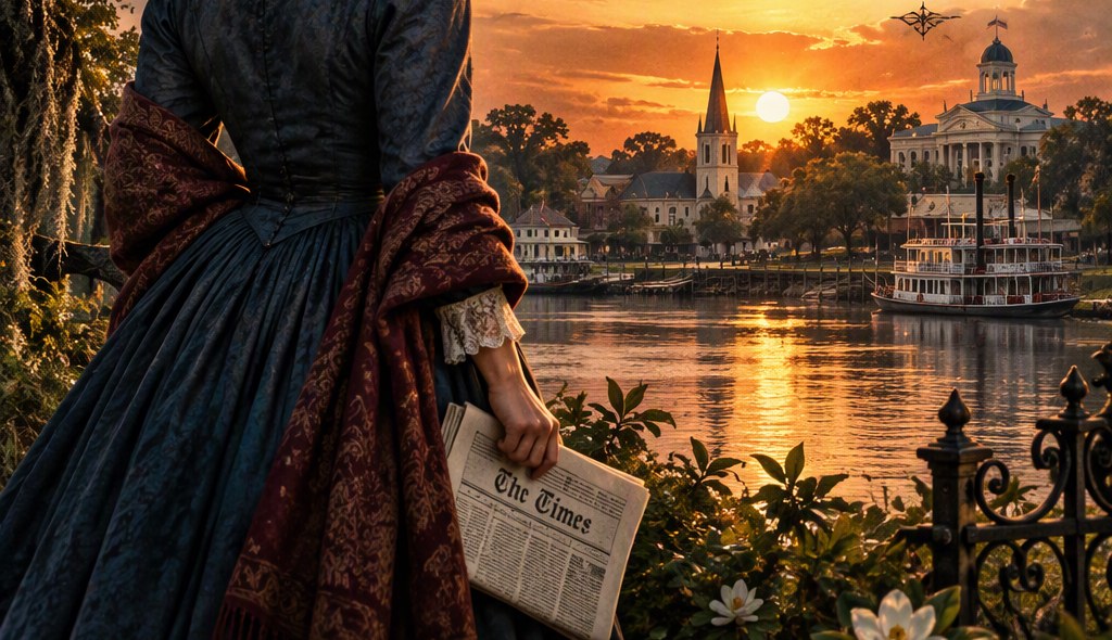Sunset over the river in 1860s New Orleans